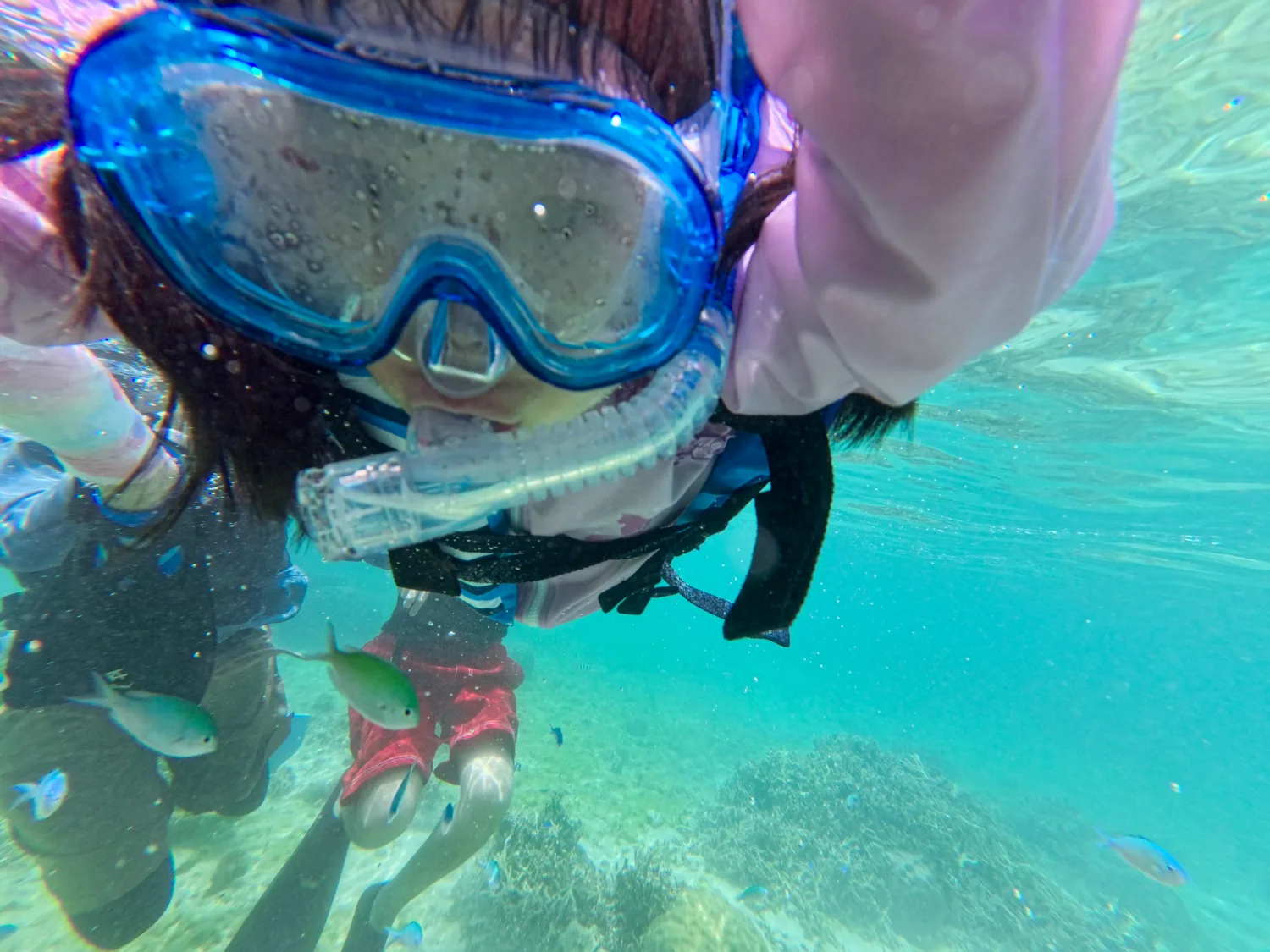 透き通ったエメラルドの海を楽しむ女性